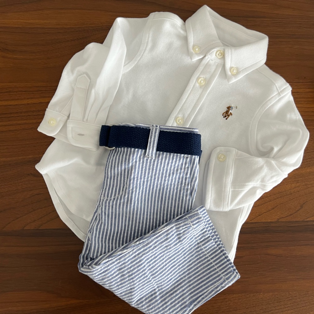 Baby Ralph Lauren White Button Down Shirt with Seersucker Blue Striped Pants- 6m